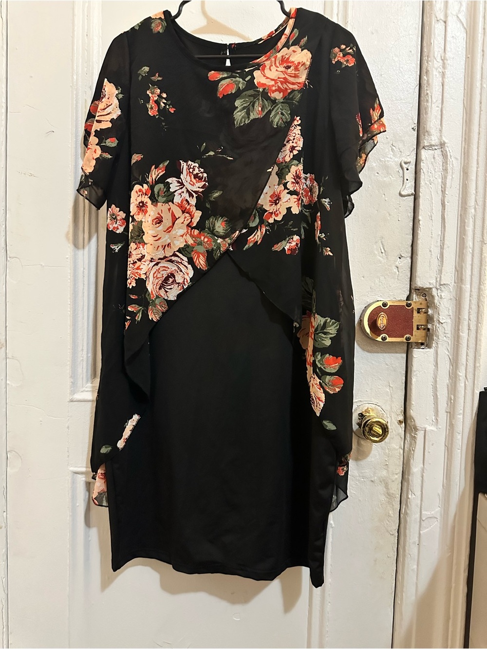 SHEIN Black Floral Overlay Midi Dress with Peach Rose Print